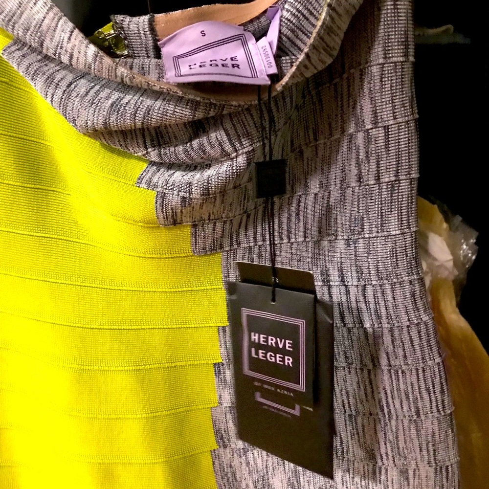 Yellow and grey Herve Leger bandage mini dress. S.